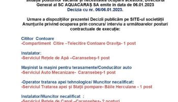 Anunț posturi vacante Aquacaraș