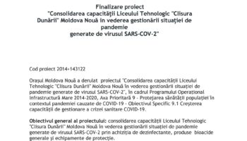 Finalizare proiect “Consolidarea capacităţii Liceului Tehnologic “Clisura  Dunării”