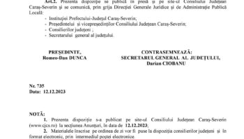 Dispoziție de convocare a Consiliului Judeţean Caraş-Severin