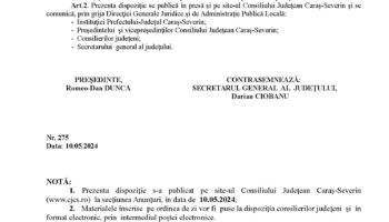 Convocare a Consiliului Judeţean Caraş-Severin în şedinţă extraordinară pentru data de 16 mai 2024