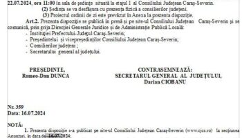 D I S P O Z I Ţ I E de convocare a Consiliului Judeţean Caraş-Severin în şedinţă ordinară pentru data de 22 iulie 2024