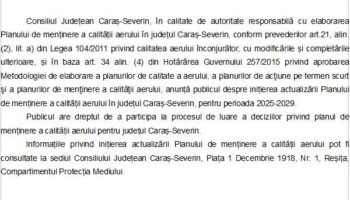 ANUNȚ PUBLIC  privind inițierea actualizării Planului de menținere a calității aerului în județul  Caraș-Severin, pentru perioada 2025-2029