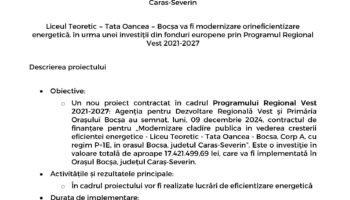 Modernizare clădire publică – Liceul Teoretic “Tata Oancea” Bocșa