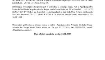 Anunț public privind depunerea solicitării de emitere acordului de mediu