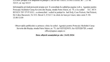 Anunț public privind depunerea solicitării de emitere acordului de mediu